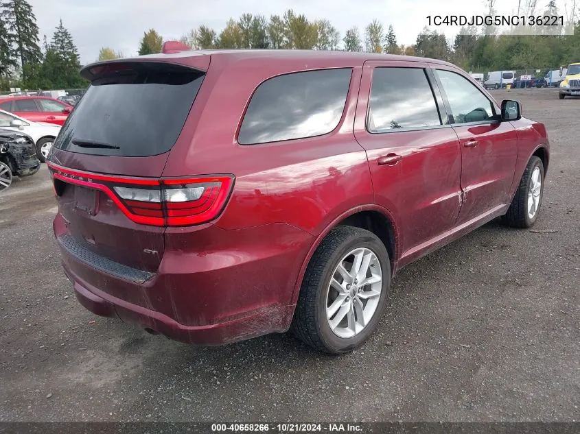 1C4RDJDG5NC136221 2022 Dodge Durango Gt Plus Awd