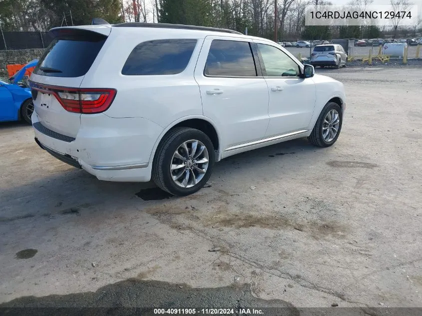 2022 Dodge Durango Sxt Awd VIN: 1C4RDJAG4NC129474 Lot: 40911905