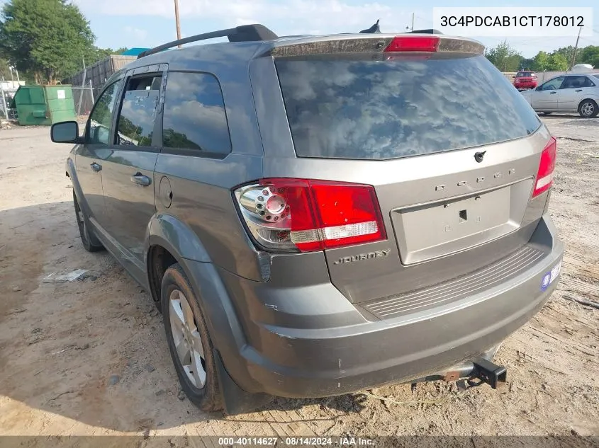 2012 Dodge Journey Se/Avp VIN: 3C4PDCAB1CT178012 Lot: 40114627