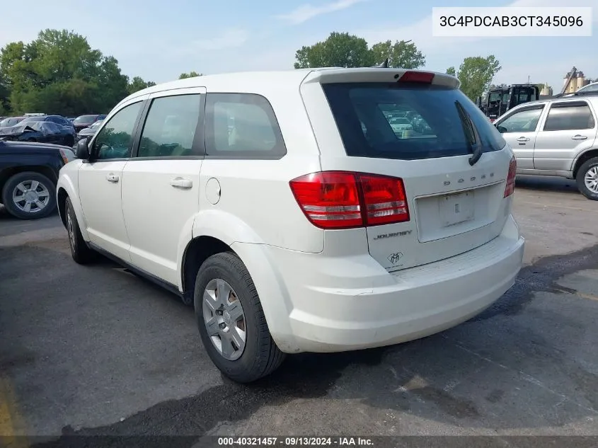 2012 Dodge Journey Se/Avp VIN: 3C4PDCAB3CT345096 Lot: 40321457