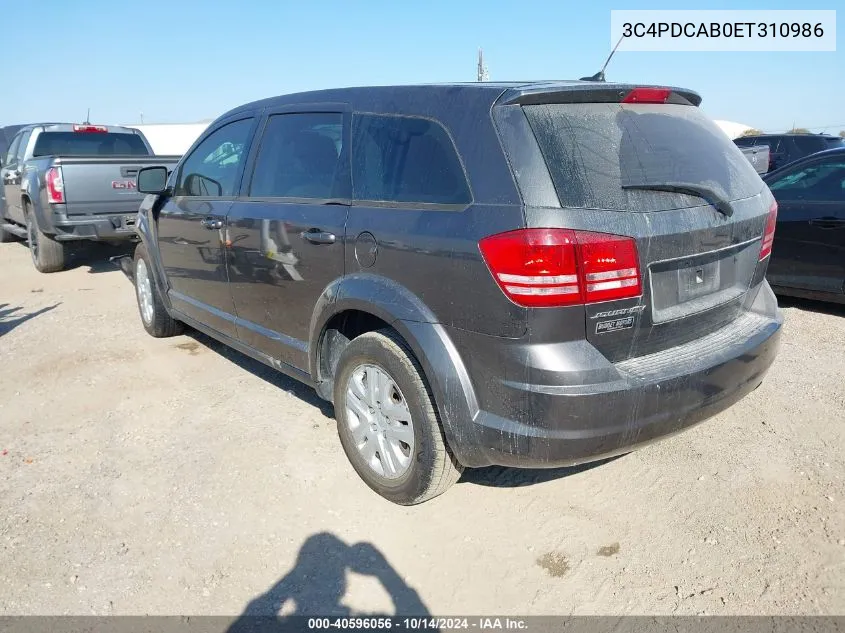 2014 Dodge Journey Se VIN: 3C4PDCAB0ET310986 Lot: 40596056