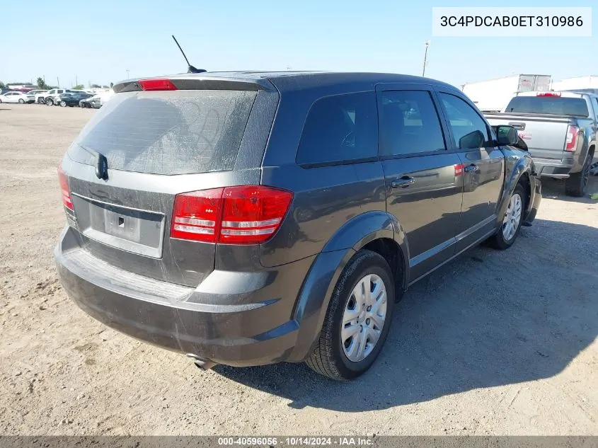 2014 Dodge Journey Se VIN: 3C4PDCAB0ET310986 Lot: 40596056