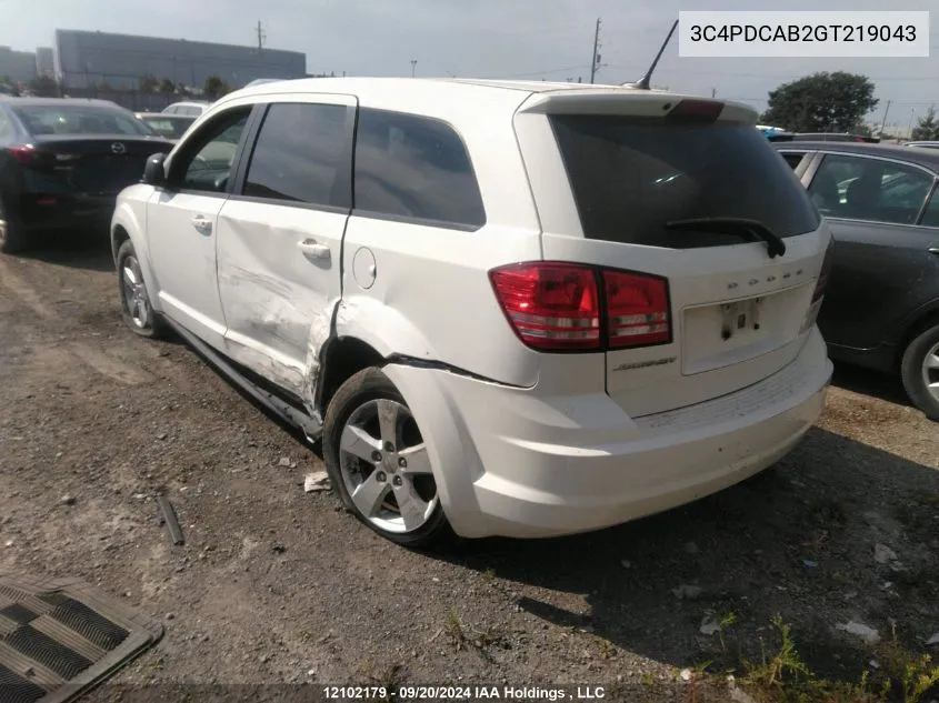 2016 Dodge Journey Se VIN: 3C4PDCAB2GT219043 Lot: 12102179