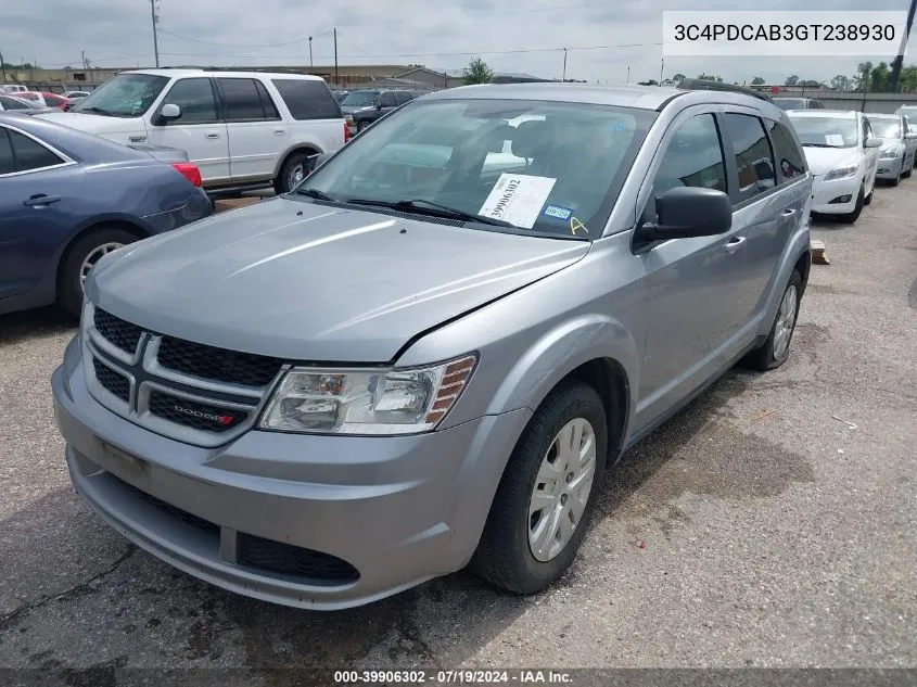 2016 Dodge Journey Se VIN: 3C4PDCAB3GT238930 Lot: 39906302