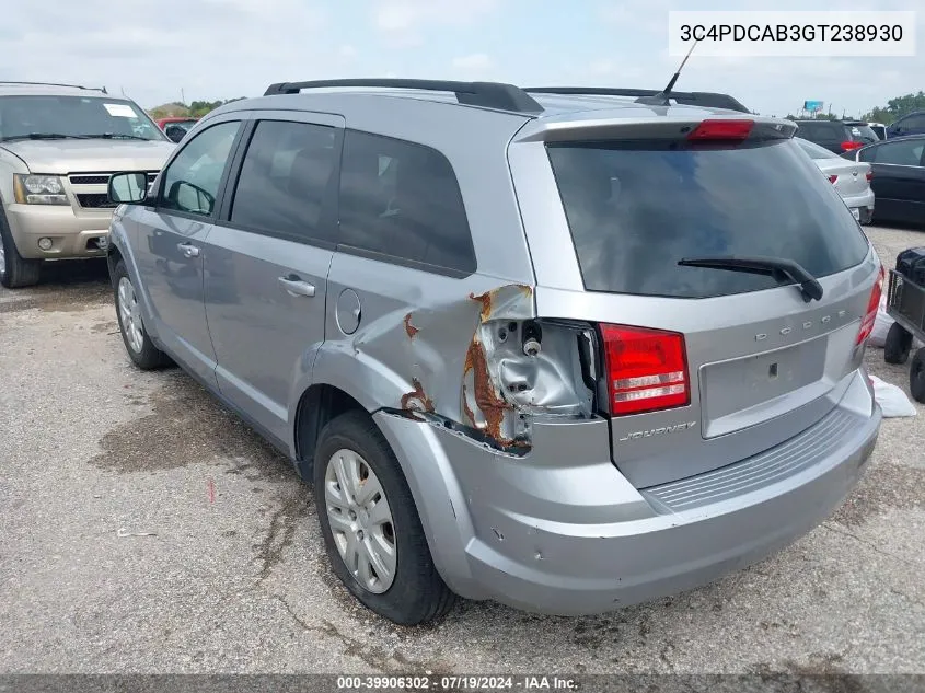 2016 Dodge Journey Se VIN: 3C4PDCAB3GT238930 Lot: 39906302