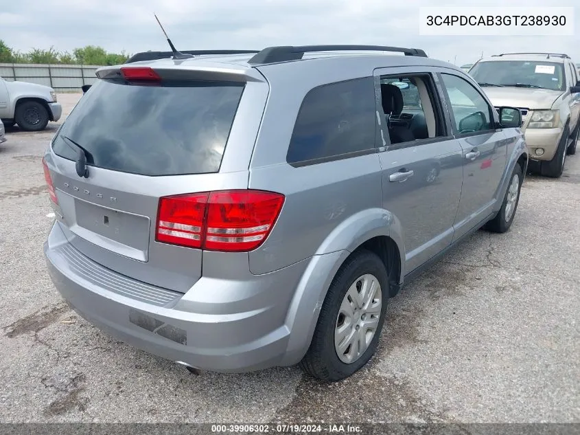 2016 Dodge Journey Se VIN: 3C4PDCAB3GT238930 Lot: 39906302