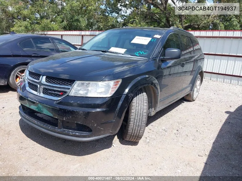 2016 Dodge Journey Se VIN: 3C4PDCAB4GT194937 Lot: 40021407