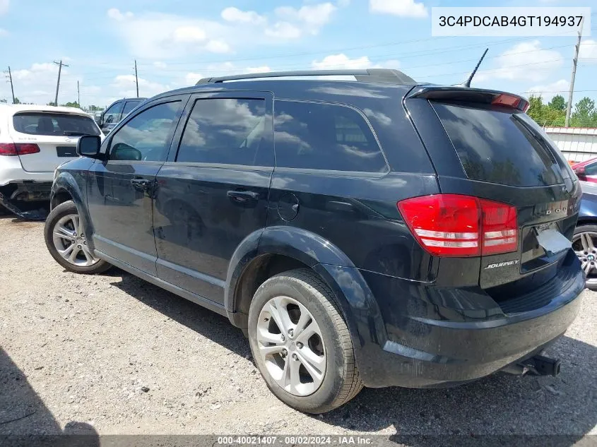 2016 Dodge Journey Se VIN: 3C4PDCAB4GT194937 Lot: 40021407