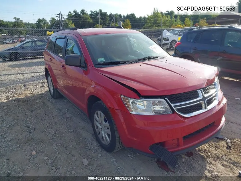 2016 Dodge Journey Se VIN: 3C4PDDAG5GT150558 Lot: 40221120