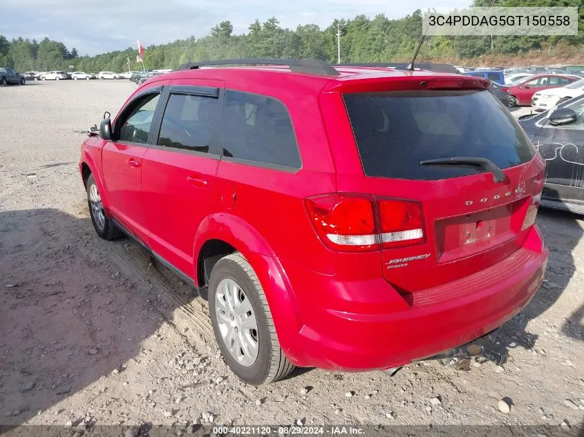 2016 Dodge Journey Se VIN: 3C4PDDAG5GT150558 Lot: 40221120