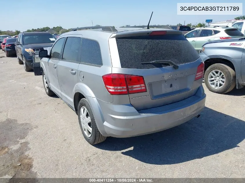 2016 Dodge Journey Se VIN: 3C4PDCAB3GT211789 Lot: 40411254