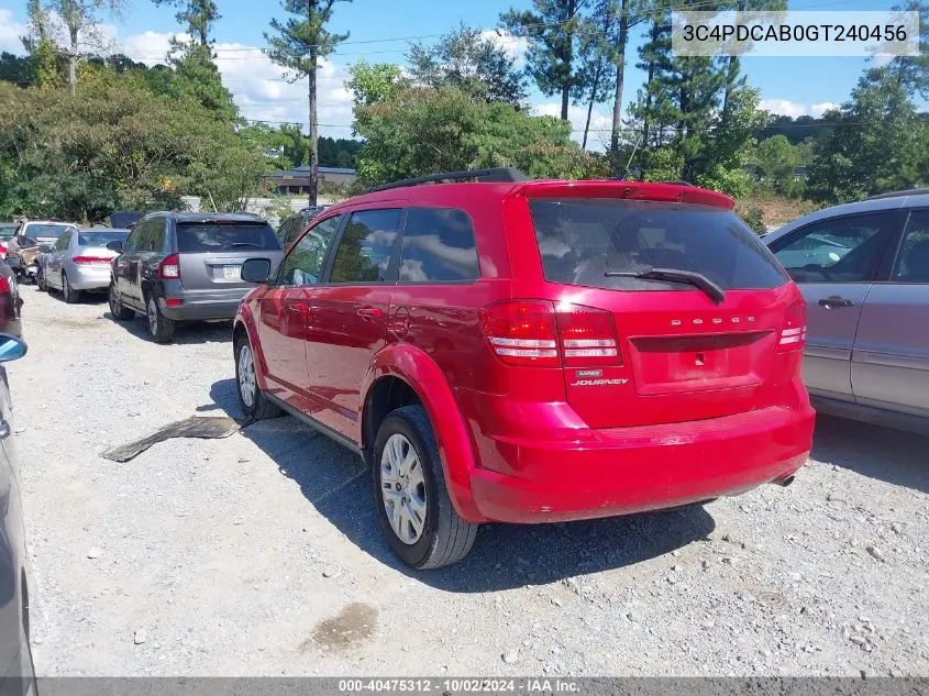 2016 Dodge Journey Se VIN: 3C4PDCAB0GT240456 Lot: 40475312