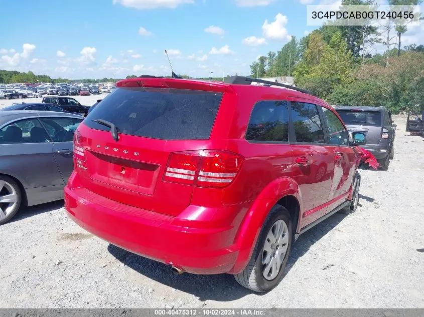 2016 Dodge Journey Se VIN: 3C4PDCAB0GT240456 Lot: 40475312