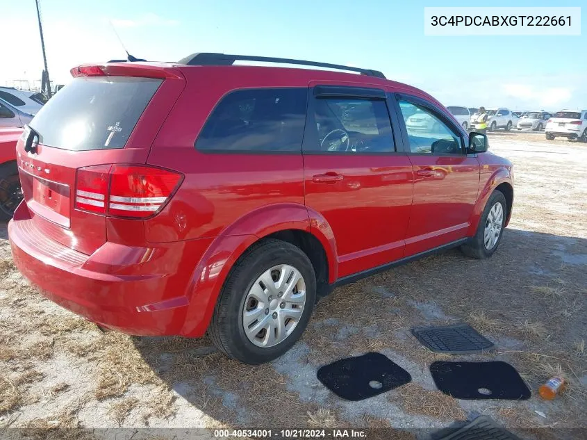 2016 Dodge Journey Se VIN: 3C4PDCABXGT222661 Lot: 40534001