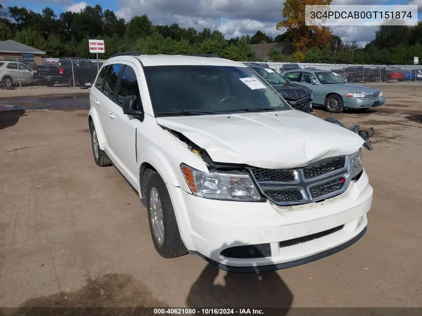 2016 Dodge Journey Se VIN: 3C4PDCAB0GT151874 Lot: 40621080