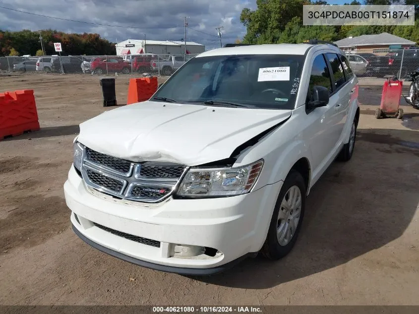 2016 Dodge Journey Se VIN: 3C4PDCAB0GT151874 Lot: 40621080