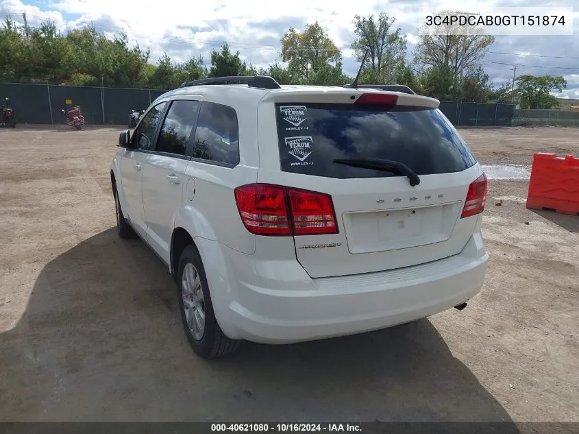 2016 Dodge Journey Se VIN: 3C4PDCAB0GT151874 Lot: 40621080