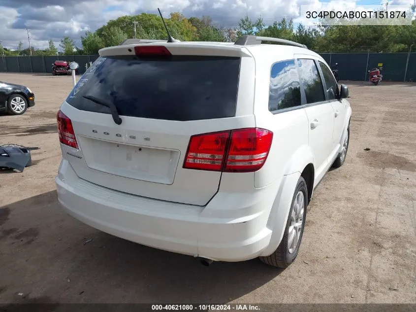 2016 Dodge Journey Se VIN: 3C4PDCAB0GT151874 Lot: 40621080