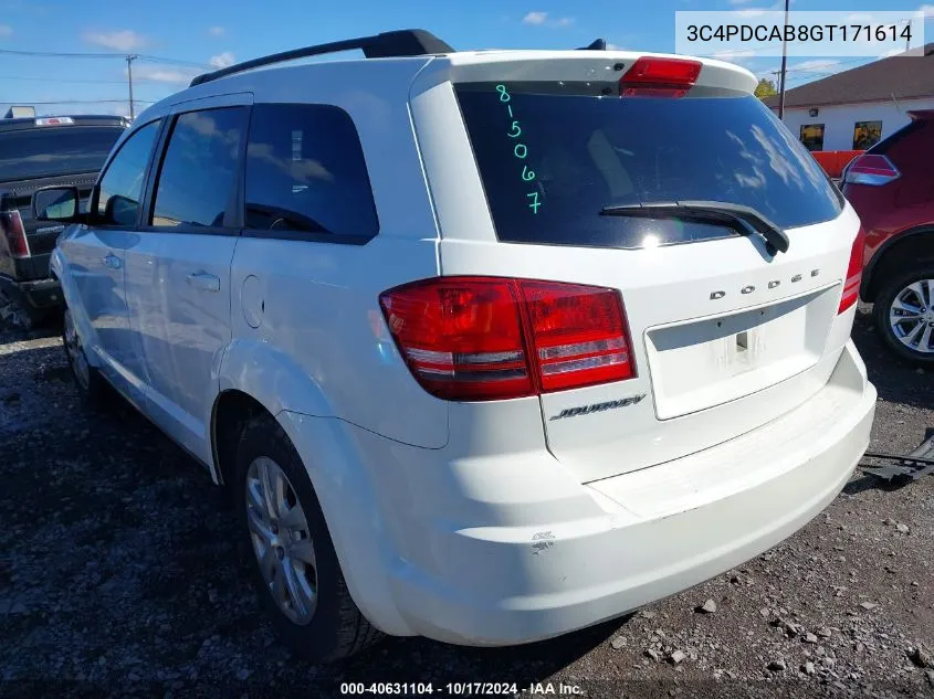 2016 Dodge Journey Se VIN: 3C4PDCAB8GT171614 Lot: 40631104