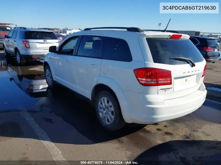 2016 Dodge Journey Se VIN: 3C4PDCAB6GT219630 Lot: 40776079