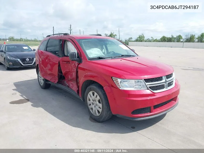 2018 Dodge Journey Se VIN: 3C4PDCAB6JT294187 Lot: 40321145