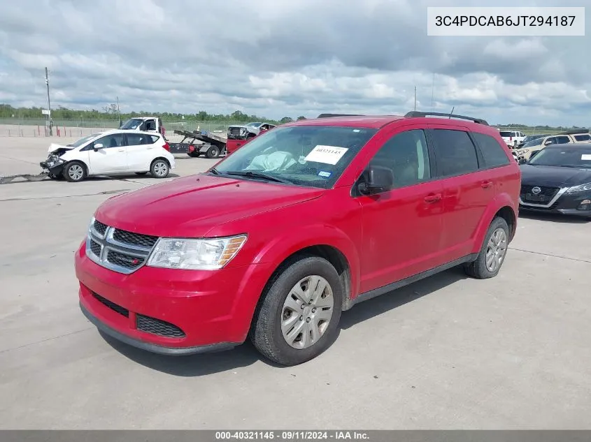 2018 Dodge Journey Se VIN: 3C4PDCAB6JT294187 Lot: 40321145