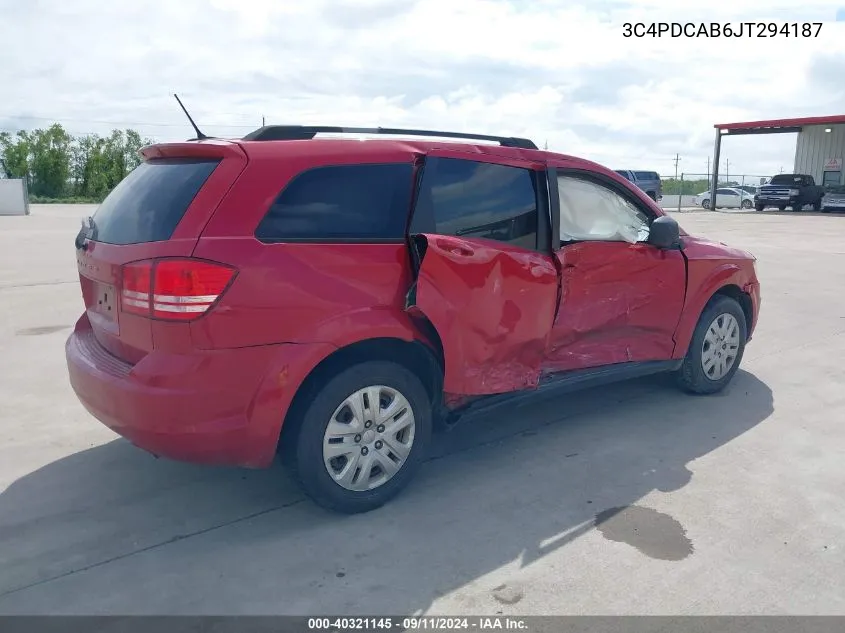 2018 Dodge Journey Se VIN: 3C4PDCAB6JT294187 Lot: 40321145