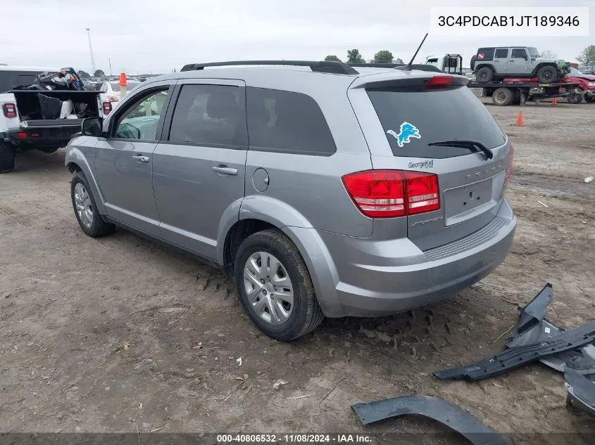 2018 Dodge Journey Se VIN: 3C4PDCAB1JT189346 Lot: 40806532