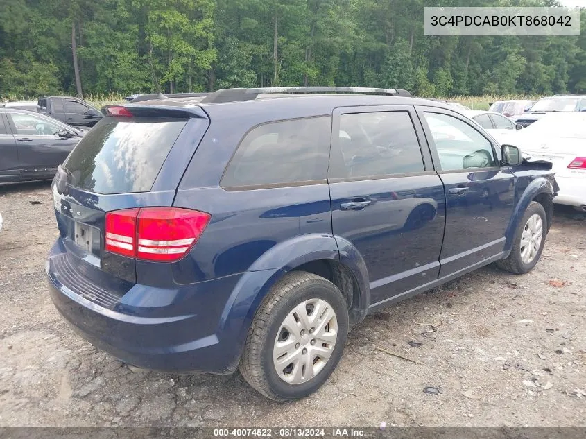 2019 Dodge Journey Se Value Package VIN: 3C4PDCAB0KT868042 Lot: 40074522