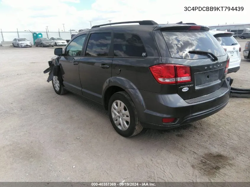 2019 Dodge Journey Se VIN: 3C4PDCBB9KT794439 Lot: 40357369