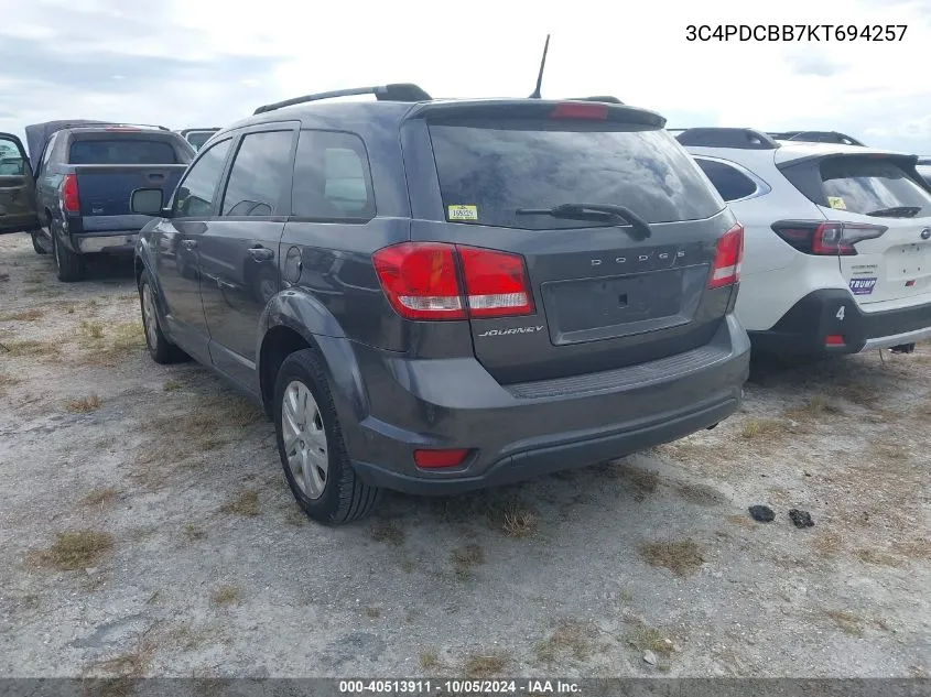 2019 Dodge Journey Se VIN: 3C4PDCBB7KT694257 Lot: 40513911