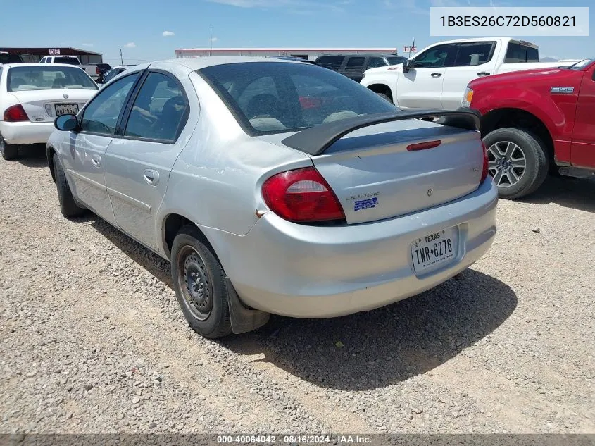 2002 Dodge Neon VIN: 1B3ES26C72D560821 Lot: 40064042