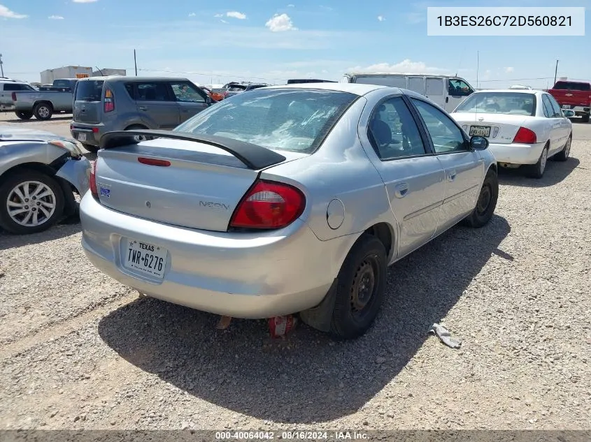 2002 Dodge Neon VIN: 1B3ES26C72D560821 Lot: 40064042