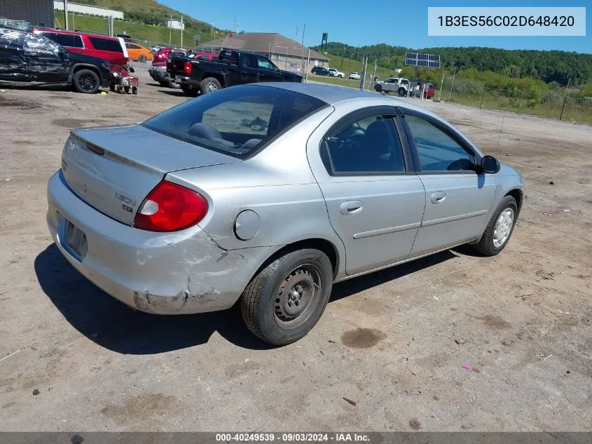 2002 Dodge Neon Sxt VIN: 1B3ES56C02D648420 Lot: 40249539