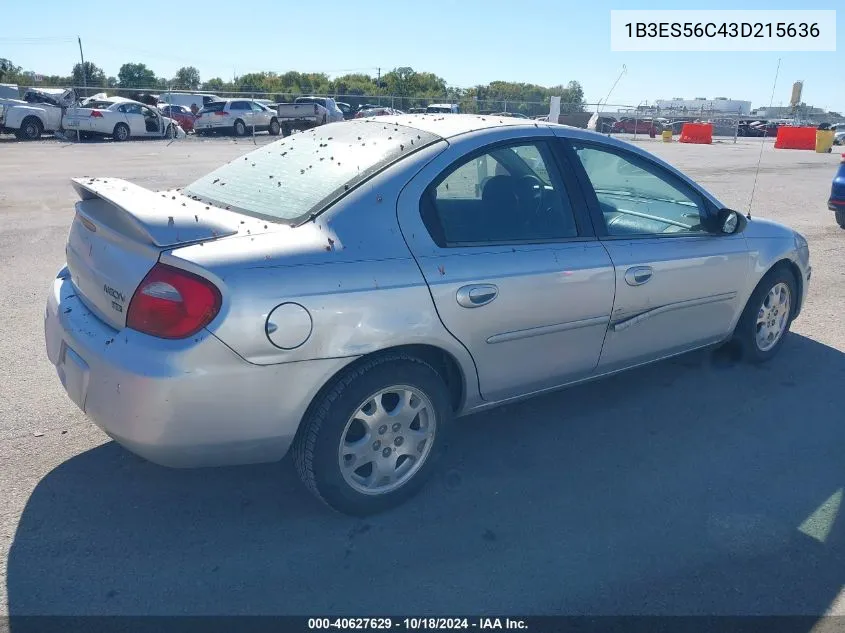 2003 Dodge Neon Sxt VIN: 1B3ES56C43D215636 Lot: 40627629