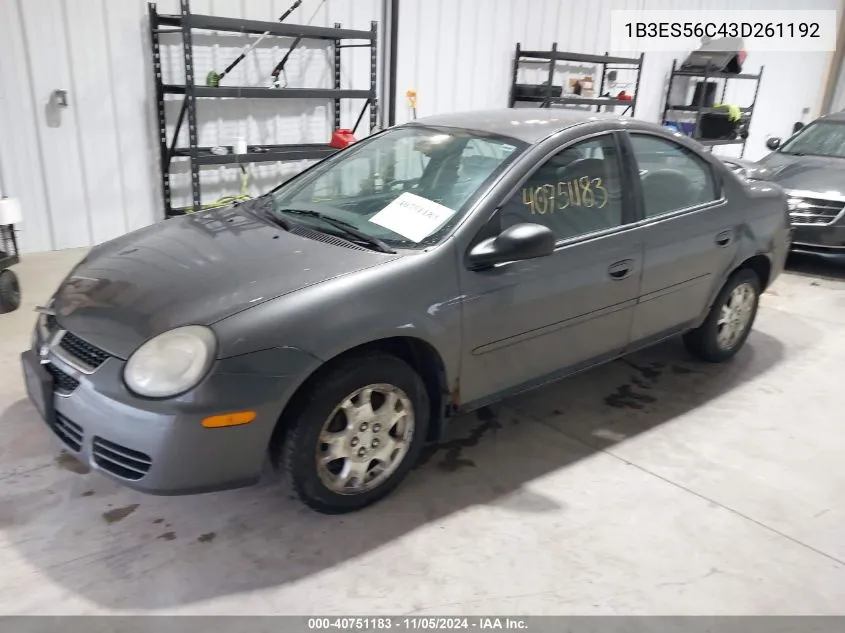 2003 Dodge Neon Sxt VIN: 1B3ES56C43D261192 Lot: 40751183