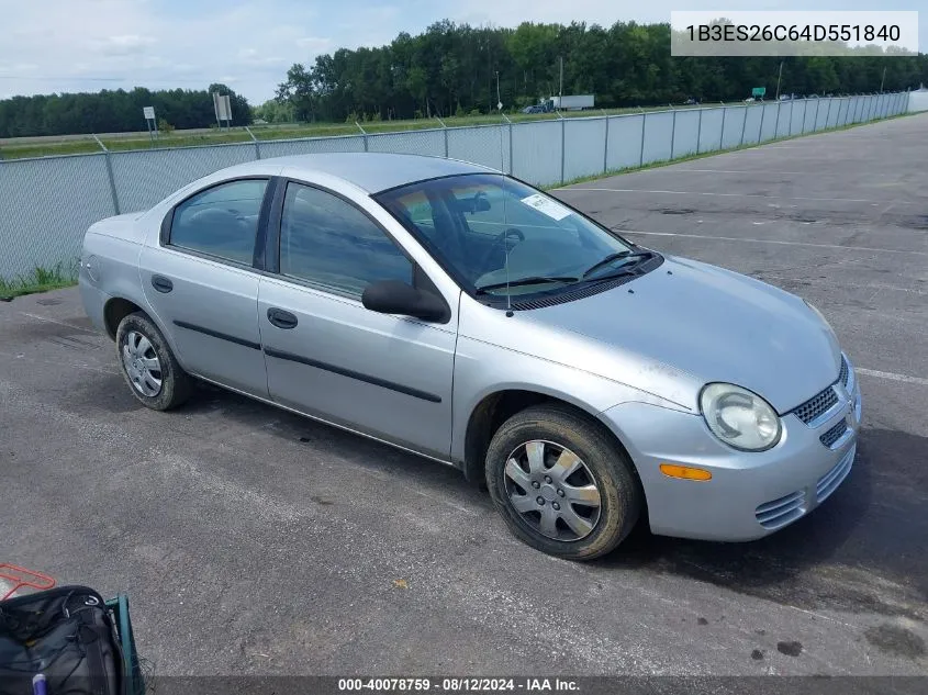 2004 Dodge Neon Se VIN: 1B3ES26C64D551840 Lot: 40078759