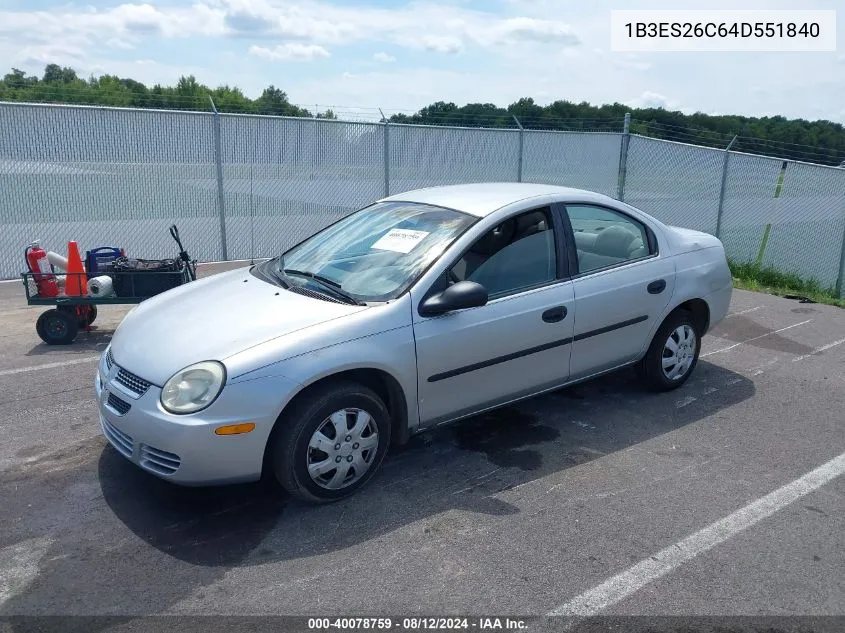 2004 Dodge Neon Se VIN: 1B3ES26C64D551840 Lot: 40078759