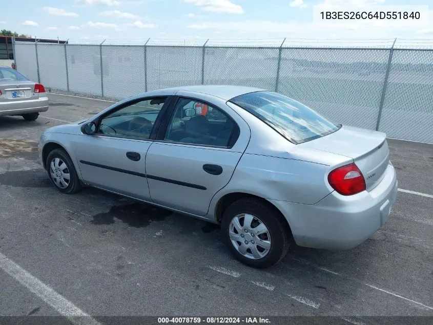 2004 Dodge Neon Se VIN: 1B3ES26C64D551840 Lot: 40078759