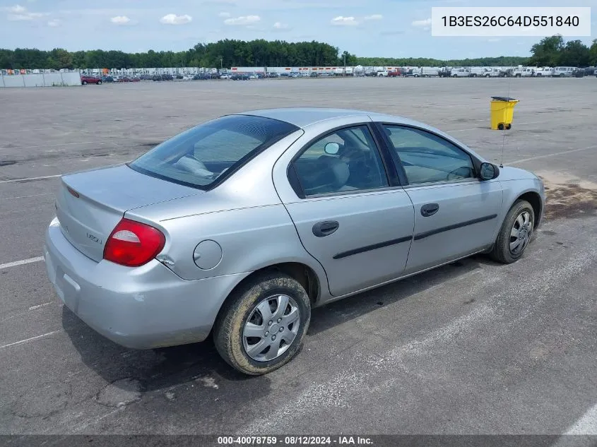 2004 Dodge Neon Se VIN: 1B3ES26C64D551840 Lot: 40078759