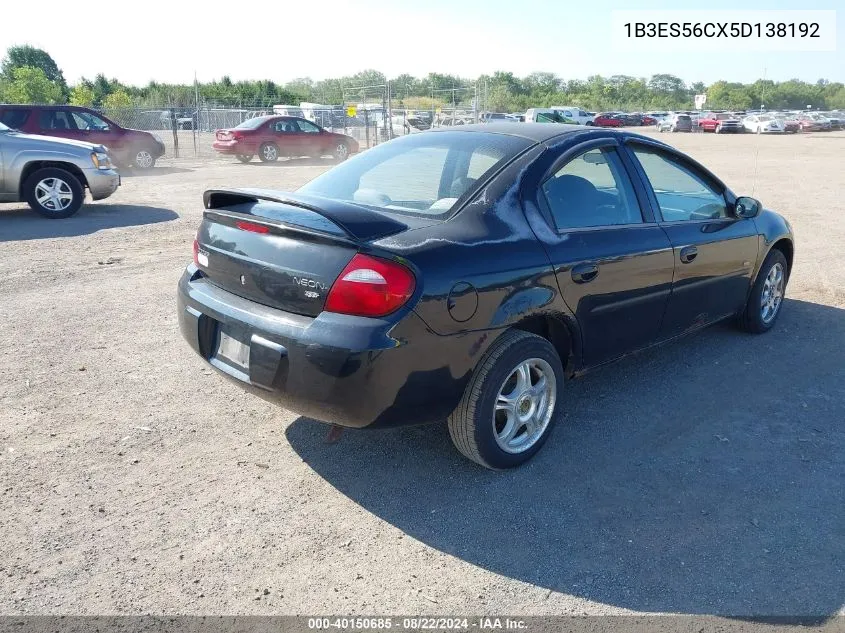 2005 Dodge Neon Sxt VIN: 1B3ES56CX5D138192 Lot: 40150685