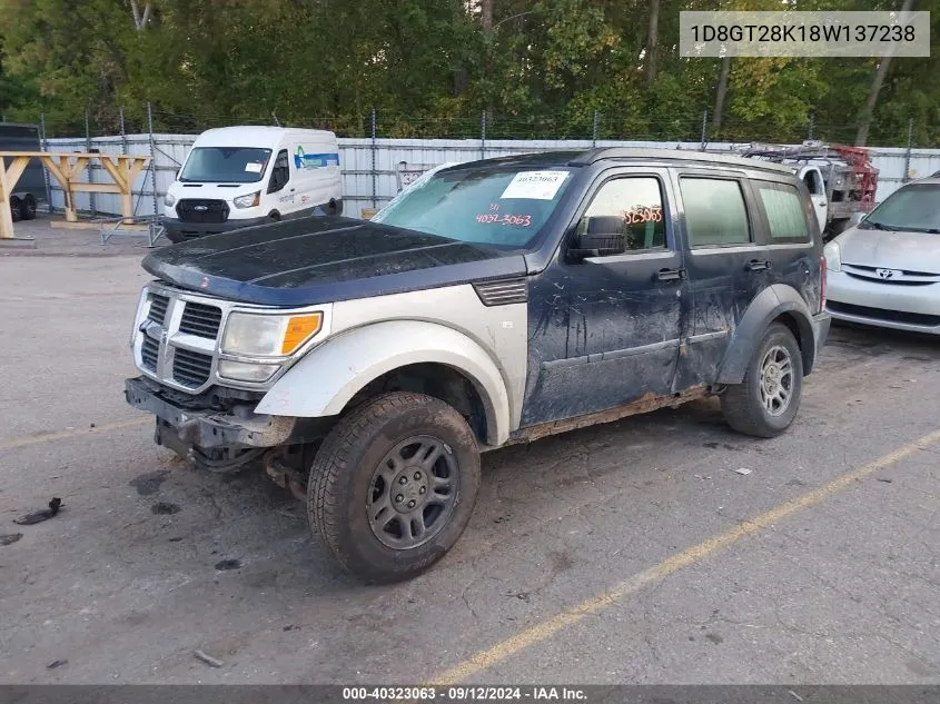 2008 Dodge Nitro Sxt VIN: 1D8GT28K18W137238 Lot: 40323063