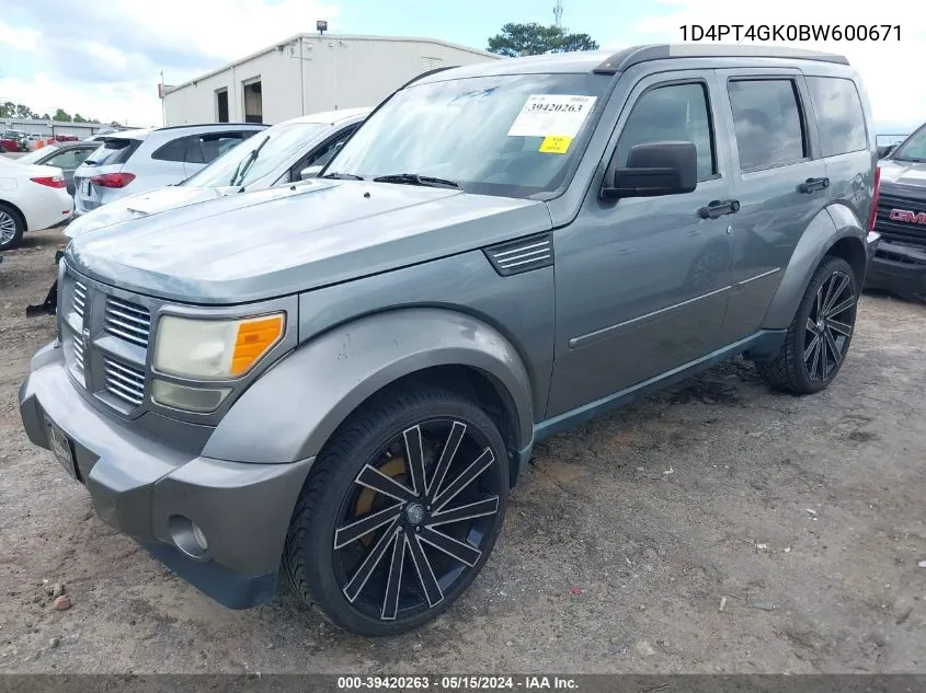 2011 Dodge Nitro Heat VIN: 1D4PT4GK0BW600671 Lot: 39420263