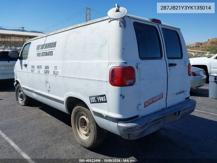 2000 Dodge Ram Van B2500 VIN: 2B7JB21Y3YK135014 Lot: 40522498