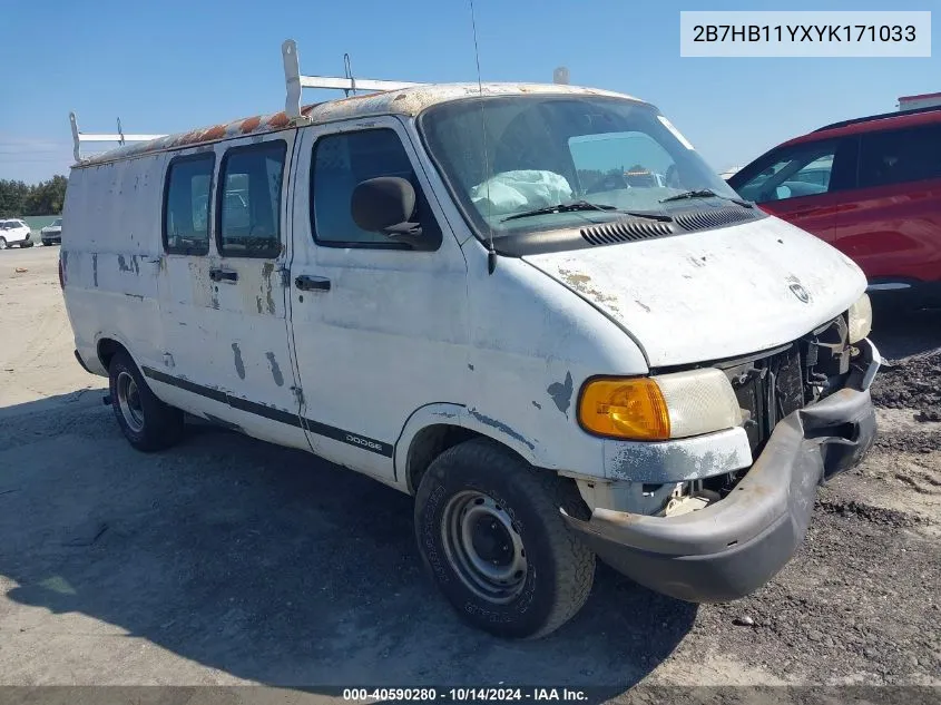 2000 Dodge Ram Van B1500 VIN: 2B7HB11YXYK171033 Lot: 40590280