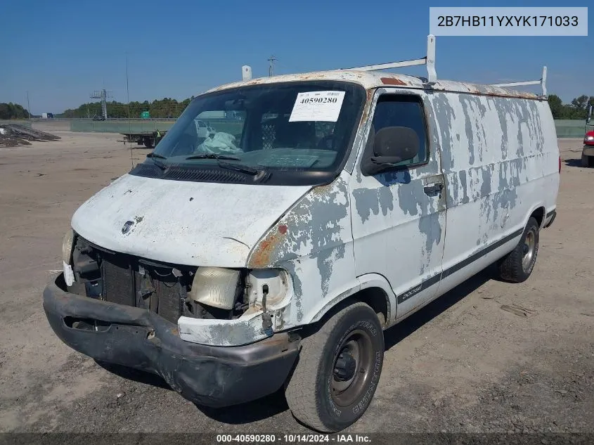 2000 Dodge Ram Van B1500 VIN: 2B7HB11YXYK171033 Lot: 40590280