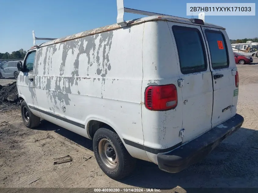 2000 Dodge Ram Van B1500 VIN: 2B7HB11YXYK171033 Lot: 40590280