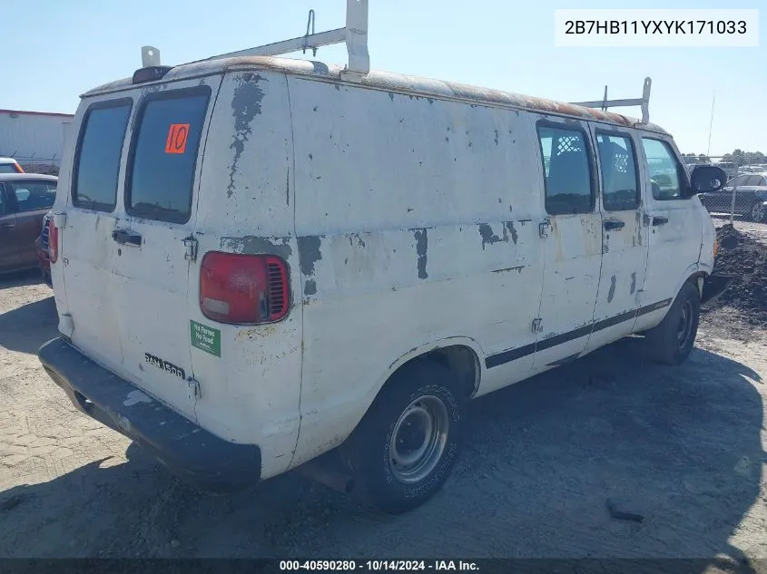 2000 Dodge Ram Van B1500 VIN: 2B7HB11YXYK171033 Lot: 40590280