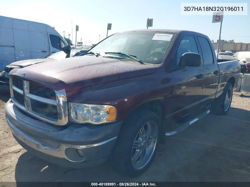 2002 Dodge Ram 1500 Slt/St VIN: 3D7HA18N32G196011 Lot: 40189991