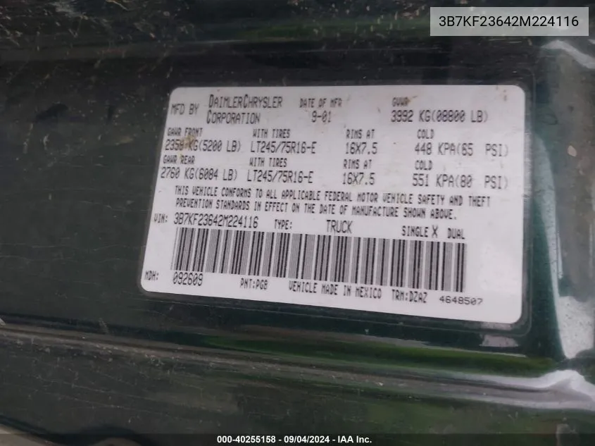 2002 Dodge Ram 2500 VIN: 3B7KF23642M224116 Lot: 40255158